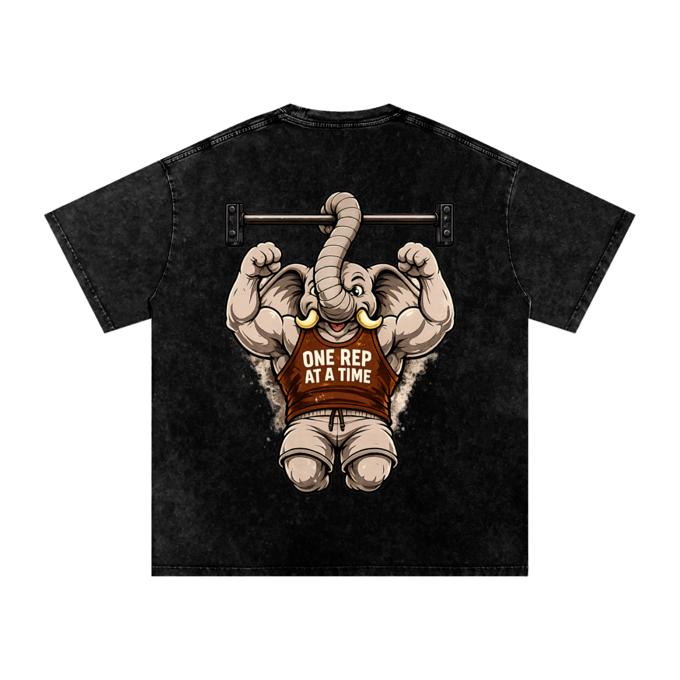 One Rep at a Time Elephant Pull-Up T-Shirt | Funny Gym Workout Graphic Tee | Vintage Washed Fitness Shirt