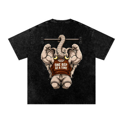One Rep at a Time Elephant Pull-Up T-Shirt | Funny Gym Workout Graphic Tee | Vintage Washed Fitness Shirt