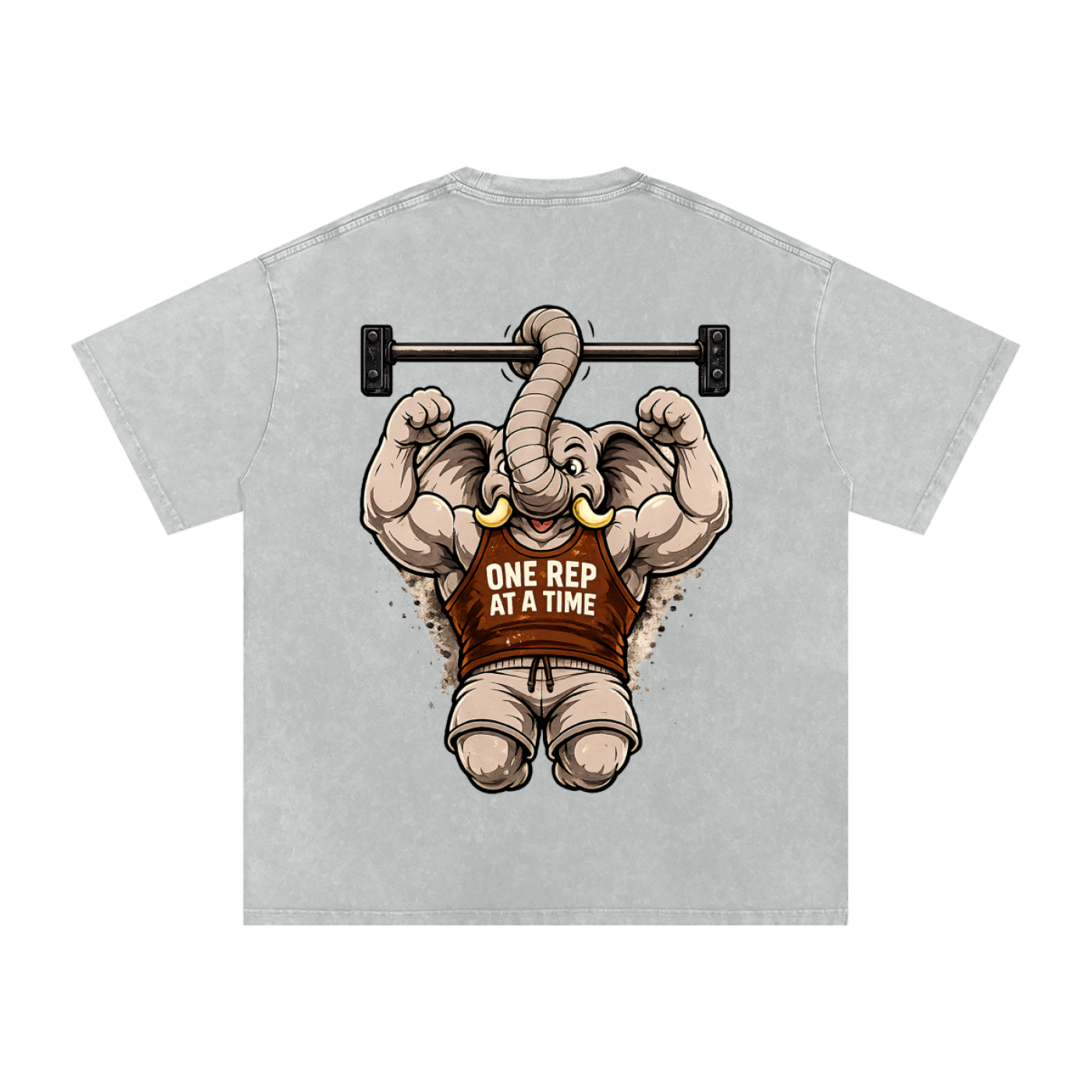 One Rep at a Time Elephant Pull-Up T-Shirt | Funny Gym Workout Graphic Tee | Vintage Washed Fitness Shirt