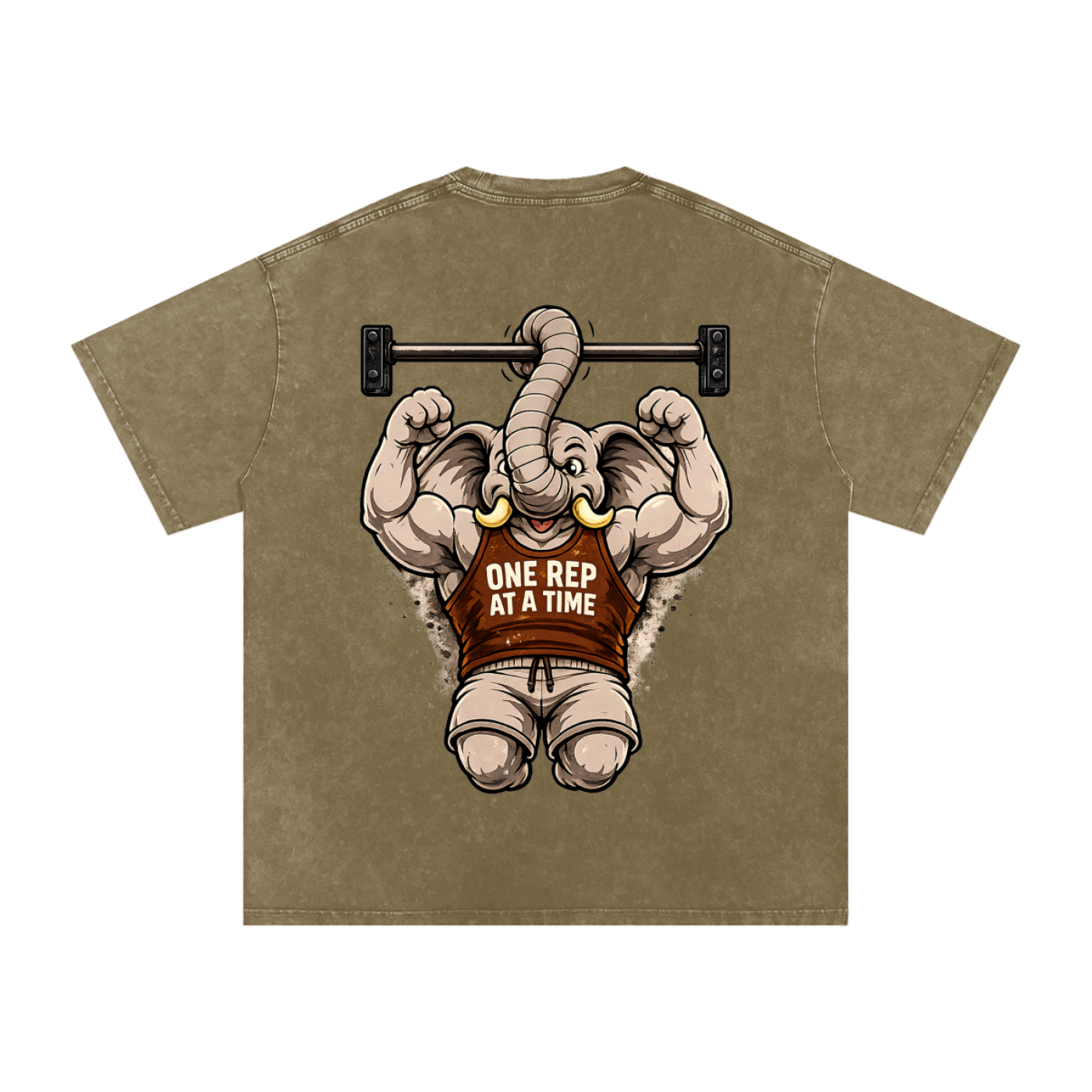 One Rep at a Time Elephant Pull-Up T-Shirt | Funny Gym Workout Graphic Tee | Vintage Washed Fitness Shirt