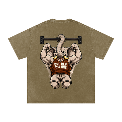 One Rep at a Time Elephant Pull-Up T-Shirt | Funny Gym Workout Graphic Tee | Vintage Washed Fitness Shirt
