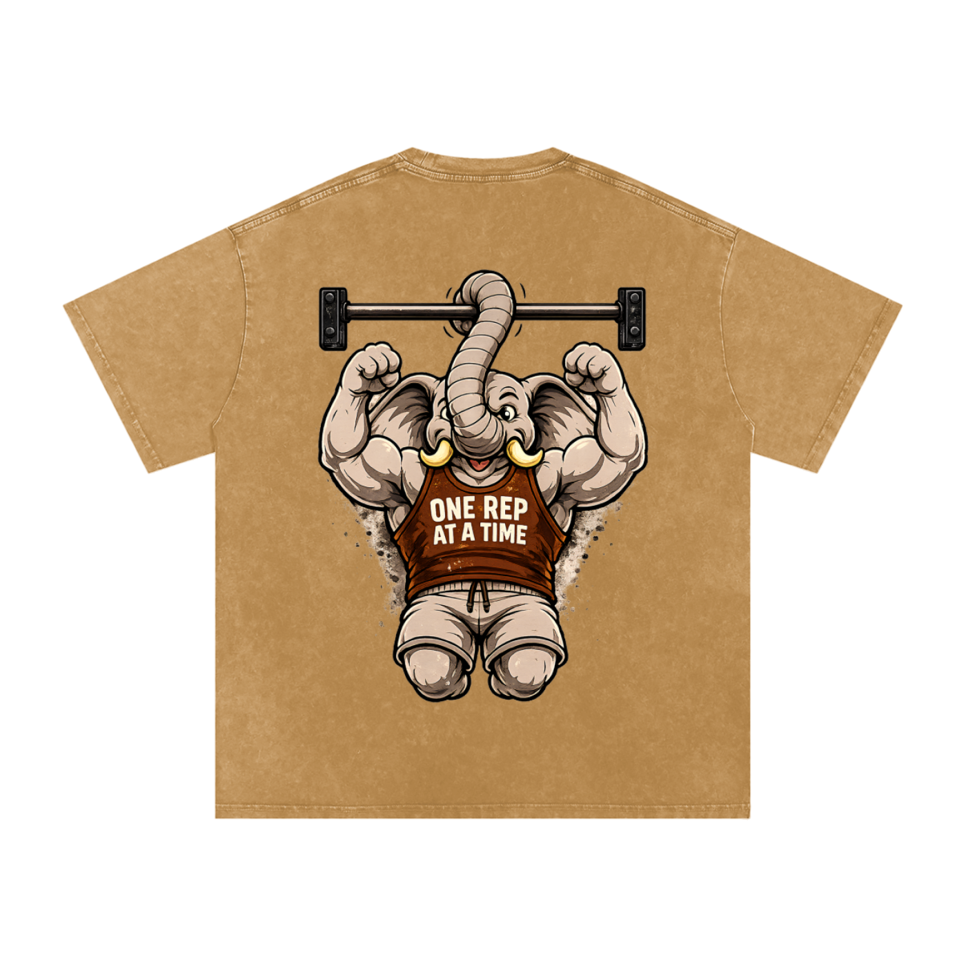 One Rep at a Time Elephant Pull-Up T-Shirt | Funny Gym Workout Graphic Tee | Vintage Washed Fitness Shirt