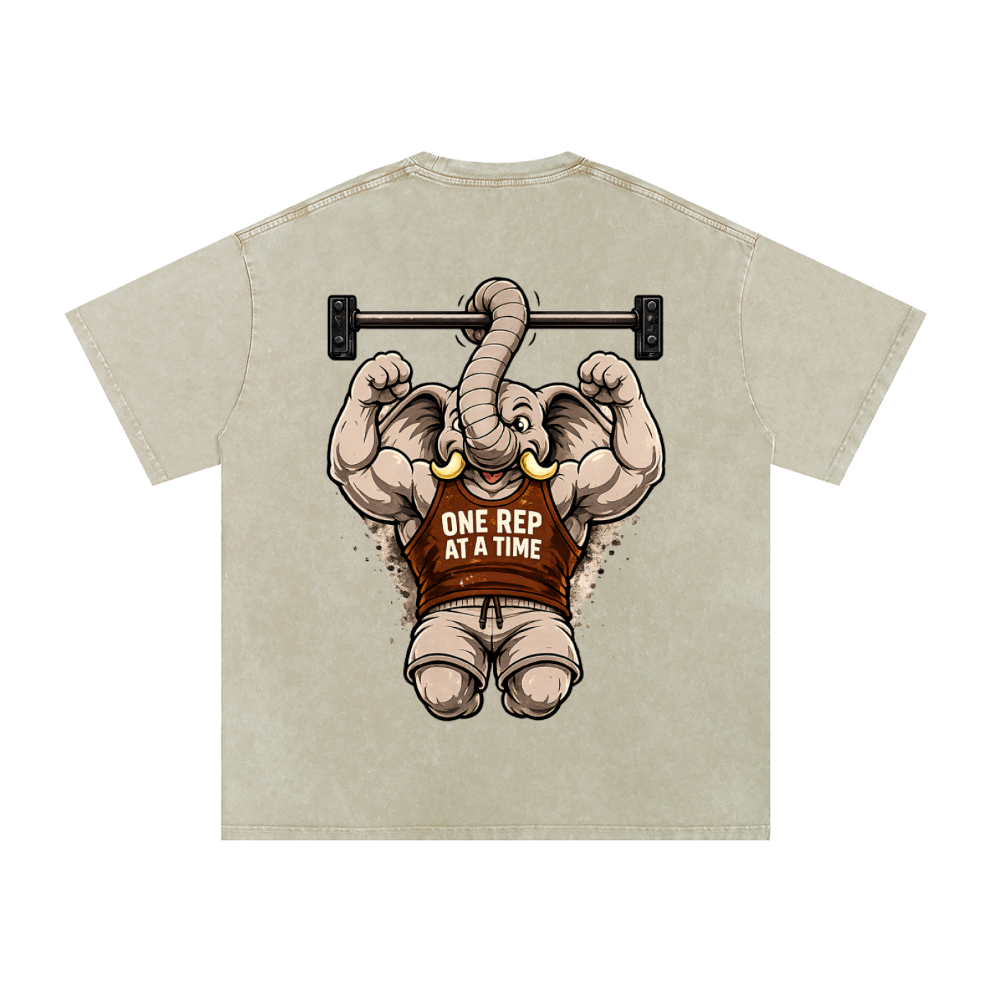 One Rep at a Time Elephant Pull-Up T-Shirt | Funny Gym Workout Graphic Tee | Vintage Washed Fitness Shirt