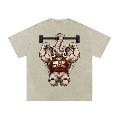 One Rep at a Time Elephant Pull-Up T-Shirt | Funny Gym Workout Graphic Tee | Vintage Washed Fitness Shirt
