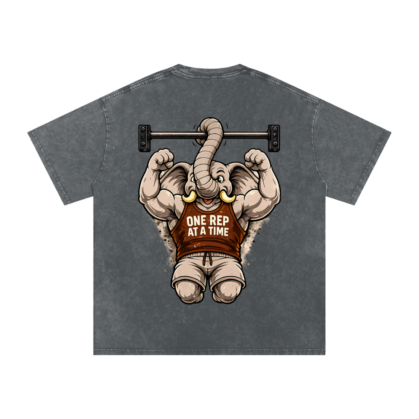One Rep at a Time Elephant Pull-Up T-Shirt | Funny Gym Workout Graphic Tee | Vintage Washed Fitness Shirt