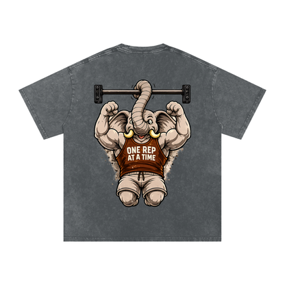 One Rep at a Time Elephant Pull-Up T-Shirt | Funny Gym Workout Graphic Tee | Vintage Washed Fitness Shirt