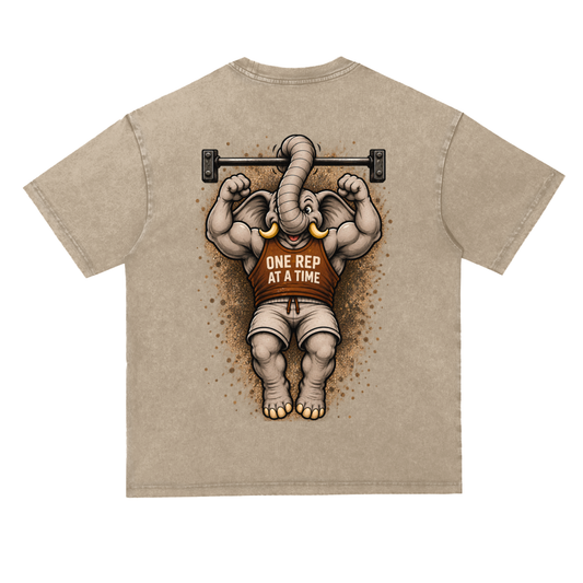 One Rep at a Time Elephant Pull-Up Pump Cover | Funny Gym Workout Graphic Oversize Tee | Vintage Washed Gym Shirt