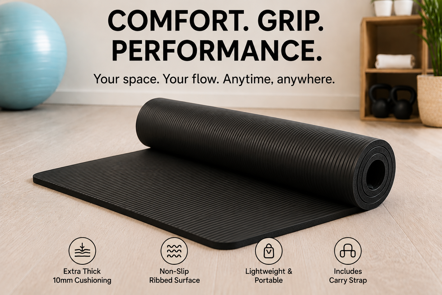 Non-Slip Yoga Mat – 10mm Thick High-Density NBR Foam Mat for Yoga, Pilates & Home Fitness